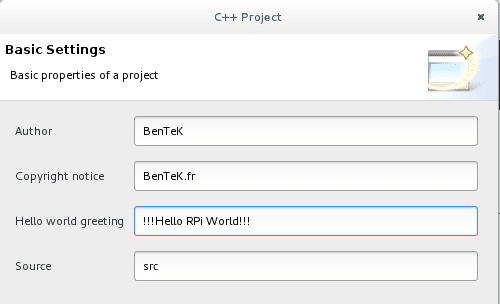 On remplit les quelques infos du projet et notre message Hello World :-)