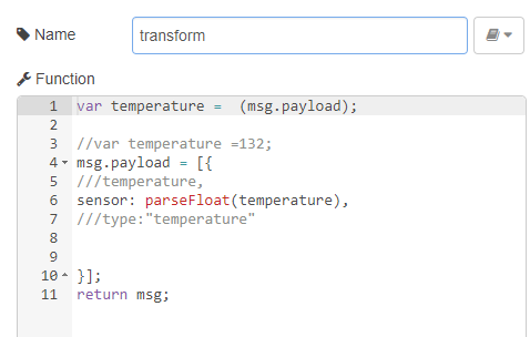 Le code de la fonction "transform". On place la température en Float dans un objet "sensor".